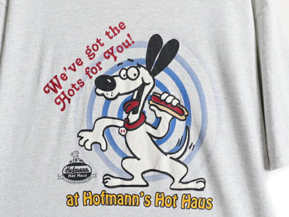 90s ■ 企業 ドッグ キャラクター イラスト プリント Tシャツ ( メンズ L 程) 90年代 当時物 メッセージ アニマル 犬 シングルステッチ 灰