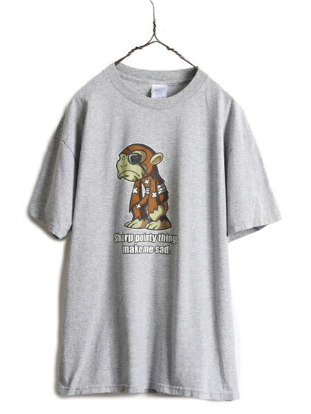 00s ■ モンキー イラスト メッセージ プリント Tシャツ メンズ L / 古着 00年代 アニマル 動物 キャラクター ジョーク ヘビーウェイト 灰