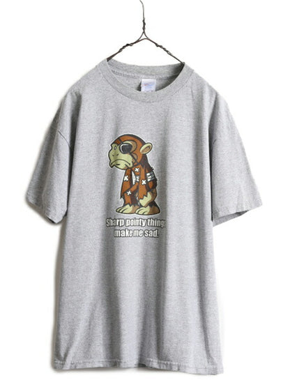 00s ■ モンキー イラスト メッセージ プリント Tシャツ メンズ L / 古着 00年代 アニマル 動物 キャラクター ジョーク ヘビーウェイト 灰
