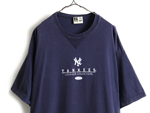 USA製 大きいサイズ XL ■ MLB オフィシャル ニューヨーク ヤンキース ロゴ刺繍 前V 半袖 Tシャツ ( メンズ )古着 ラッセル ヘビーウェイト