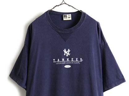 USA製 大きいサイズ XL ■ MLB オフィシャル ニューヨーク ヤンキース ロゴ刺繍 前V 半袖 Tシャツ ( メンズ )古着 ラッセル ヘビーウェイト