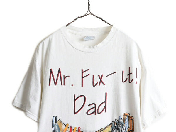 90s ■ だまし絵 工具 アート イラスト プリント 半袖 Tシャツ ( メンズ L ) 古着 90年代 オールド 当時物 メッセージ シングルステッチ 白