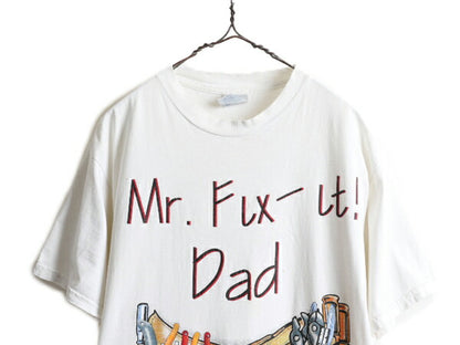90s ■ だまし絵 工具 アート イラスト プリント 半袖 Tシャツ ( メンズ L ) 古着 90年代 オールド 当時物 メッセージ シングルステッチ 白