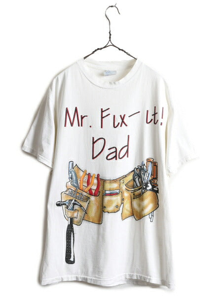 90s ■ だまし絵 工具 アート イラスト プリント 半袖 Tシャツ ( メンズ L ) 古着 90年代 オールド 当時物 メッセージ シングルステッチ 白