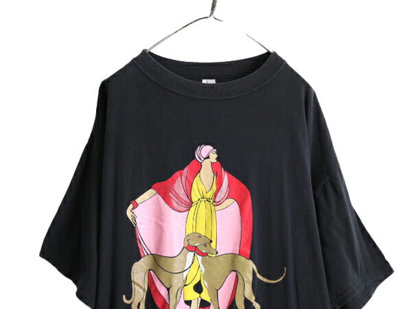 90s 大きいサイズ XXL 程■ アート イラスト 発泡 プリント 半袖 Tシャツ ( メンズ レディース 2XL ) 90年代 オールド グラフィック 黒 犬