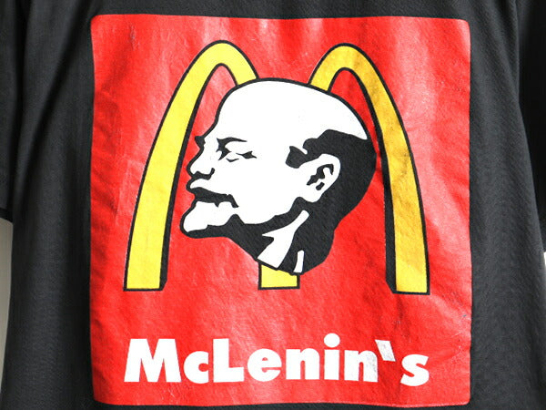 90s ■ McLenin's パロディ 両面 プリント 半袖 Tシャツ ( メンズ M ) 古着 90年代 レーニン オールド McDonald マクドナルド 企業 偉人 黒