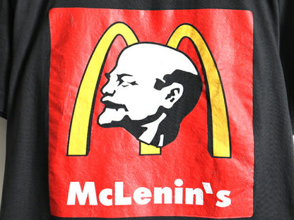 90s ■ McLenin's パロディ 両面 プリント 半袖 Tシャツ ( メンズ M ) 古着 90年代 レーニン オールド McDonald マクドナルド 企業 偉人 黒