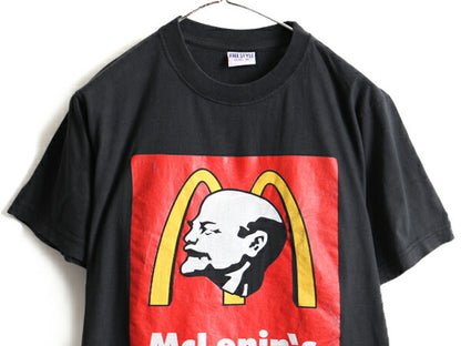 90s ■ McLenin's パロディ 両面 プリント 半袖 Tシャツ ( メンズ M ) 古着 90年代 レーニン オールド McDonald マクドナルド 企業 偉人 黒