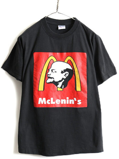 90s ■ McLenin's パロディ 両面 プリント 半袖 Tシャツ ( メンズ M ) 古着 90年代 レーニン オールド McDonald マクドナルド 企業 偉人 黒