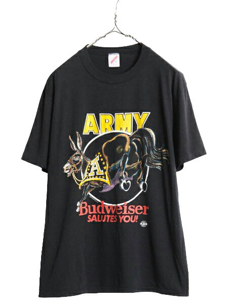 80s USA製 バドワイザー x US ARMY イラスト プリント Tシャツ メンズ L / 80年代 ヴィンテージ 企業物 当時物 オフィシャル ミリタリー 黒