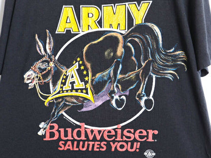 80s USA製 バドワイザー x US ARMY イラスト プリント Tシャツ メンズ L / 80年代 ヴィンテージ 企業物 当時物 オフィシャル ミリタリー 黒