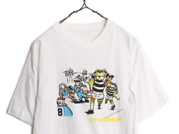80s カレッジ キャラクター イラスト プリント Tシャツ メンズ S 程/ ヴィンテージ マスコット アメフト フットボール 白 シングルステッチ