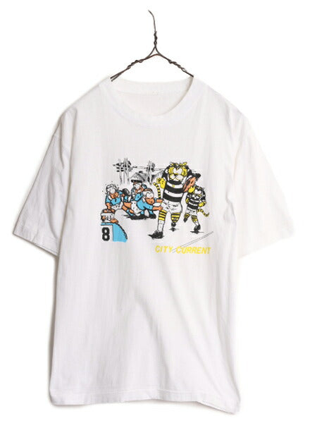 80s カレッジ キャラクター イラスト プリント Tシャツ メンズ S 程/ ヴィンテージ マスコット アメフト フットボール 白 シングルステッチ