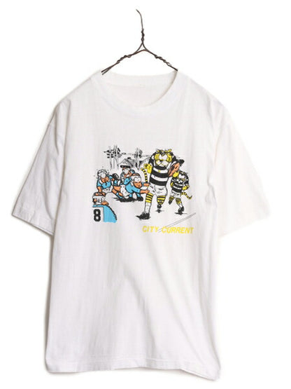80s カレッジ キャラクター イラスト プリント Tシャツ メンズ S 程/ ヴィンテージ マスコット アメフト フットボール 白 シングルステッチ
