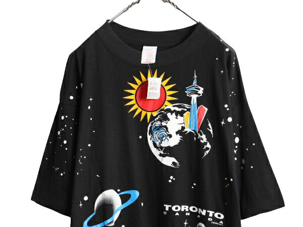 デッドストック 90s 宇宙 アート イラスト オールオーバー プリント Tシャツ メンズ XL 程/ 90年代 オールド 大判 アート グラフィック 黒