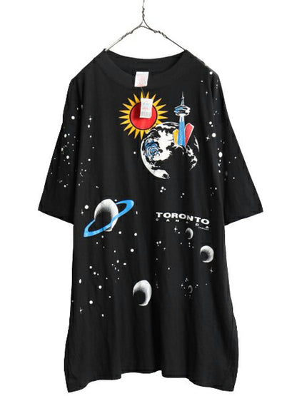 デッドストック 90s 宇宙 アート イラスト オールオーバー プリント Tシャツ メンズ XL 程/ 90年代 オールド 大判 アート グラフィック 黒