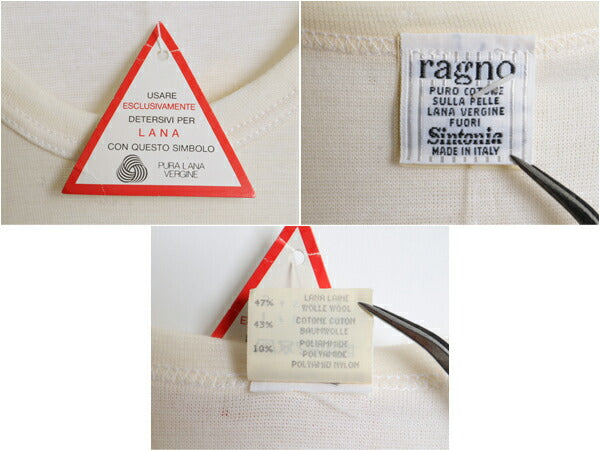 デッドストック 90s イタリア製 Ragno クルーネック リブ付き Tシャツ オールド メンズ レディース L ウール コットン インナー ナチュラル