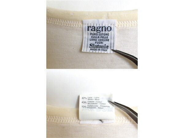 デッドストック 90s イタリア製 Ragno クルーネック リブ付き Tシャツ オールド メンズ レディース L ウール コットン ナチュラル インナー