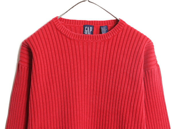 90s OLD GAP リブ編み コットン ニット セーター メンズ レディース M 古着 オールド ギャップ ケーブル 無地 クルーネック 旧タグ 厚手 赤