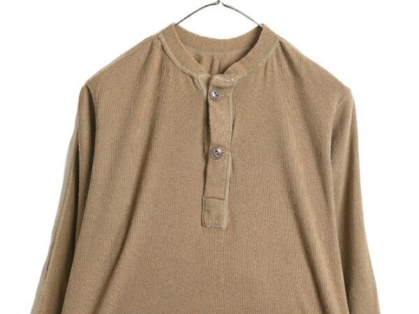80s 90s 米軍実物 US ARMY ヘンリーネック アンダーシャツ メンズ S 程 ヴィンテージ ミリタリー 長袖 Tシャツ サーマル ロンT リブ編み 茶