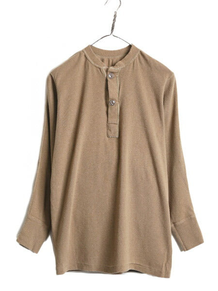 80s 90s 米軍実物 US ARMY ヘンリーネック アンダーシャツ メンズ S 程 ヴィンテージ ミリタリー 長袖 Tシャツ サーマル ロンT リブ編み 茶