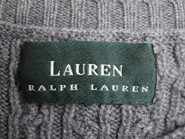 90s LAUREN ラルフローレン コットン ケーブル ニット セーター レディース L / 古着 90年代 オールド ポロ ボートネック グレー 無地 灰