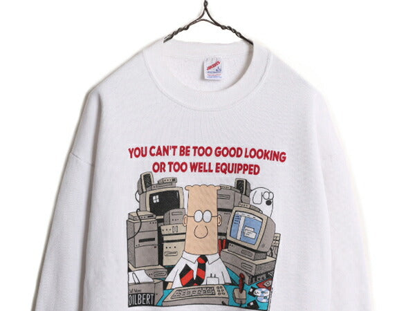 90s USA製 ジョーク イラスト プリント スウェット メンズ L 古着 90年代 オールド トレーナー 裏起毛 アート シュール ポップ コミック 白