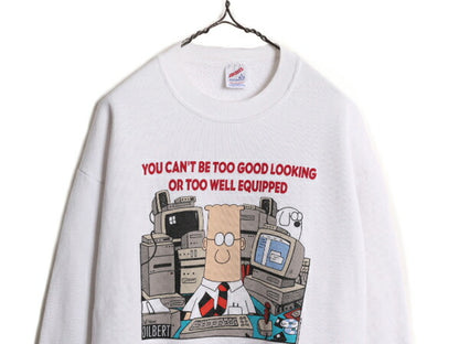 90s USA製 ジョーク イラスト プリント スウェット メンズ L 古着 90年代 オールド トレーナー 裏起毛 アート シュール ポップ コミック 白