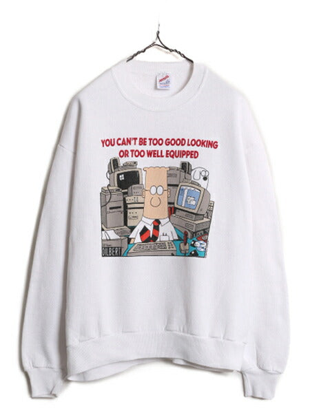90s USA製 ジョーク イラスト プリント スウェット メンズ L 古着 90年代 オールド トレーナー 裏起毛 アート シュール ポップ コミック 白