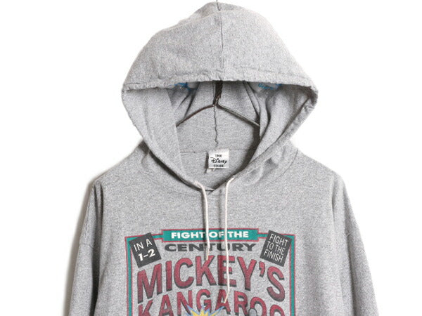 90s USA製 ディズニー オフィシャル ミッキー プリント フード付き 長袖 Tシャツ メンズ XL / 古着 90年代 キャラクター ロンT パーカー 灰
