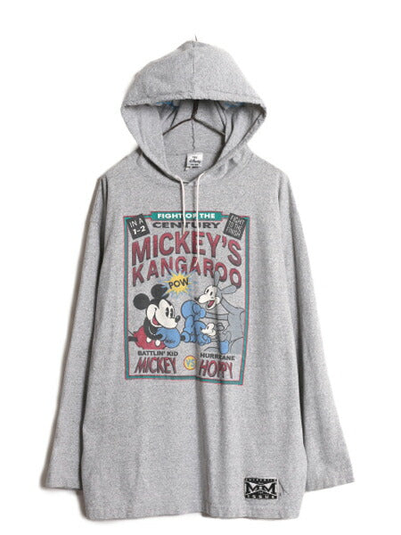 90s USA製 ディズニー オフィシャル ミッキー プリント フード付き 長袖 Tシャツ メンズ XL / 古着 90年代 キャラクター ロンT パーカー 灰