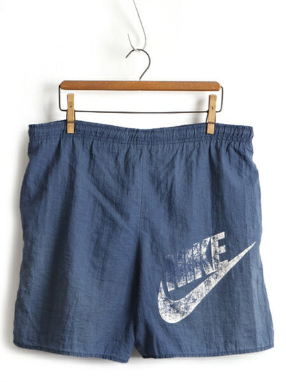 90s 希少サイズ S ■ ナイキ ビッグ スウォッシュ ナイロン ショートパンツ ( メンズ ) 古着 NIKE ショーツ スイム 短パン 紺 ライナー付き