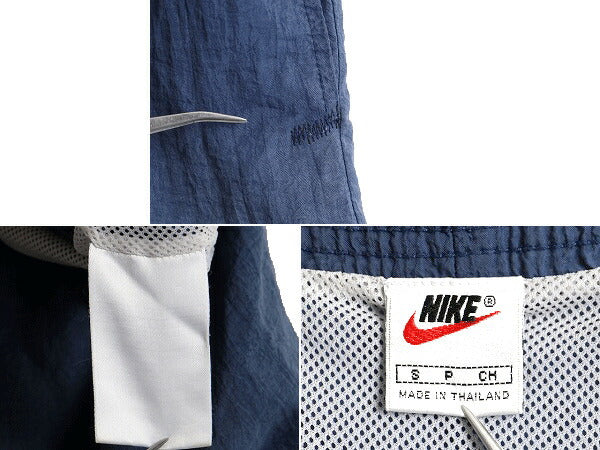 90s 希少サイズ S ■ ナイキ ビッグ スウォッシュ ナイロン ショートパンツ ( メンズ ) 古着 NIKE ショーツ スイム 短パン 紺 ライナー付き