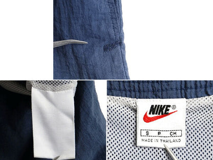 90s 希少サイズ S ■ ナイキ ビッグ スウォッシュ ナイロン ショートパンツ ( メンズ ) 古着 NIKE ショーツ スイム 短パン 紺 ライナー付き
