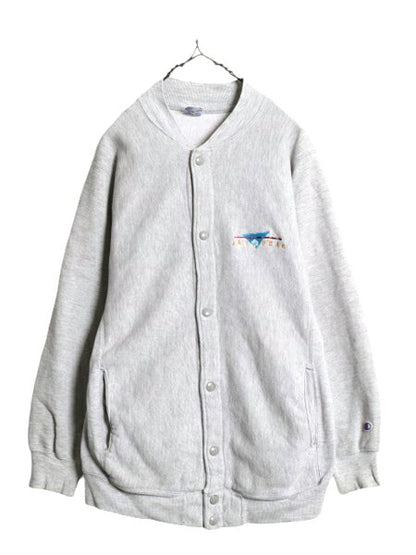 90s USA製 チャンピオン リバースウィーブ スナップ カーディガン メンズ M Champion 裏起毛 スウェット トレーナー スノーボード 刺繍 灰