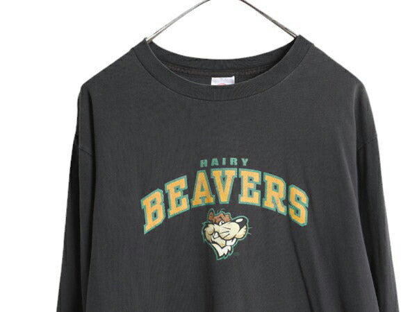 90s 00s キャラクター イラスト 3段 プリント 長袖 Tシャツ メンズ M 古着 90年代 00年代 オールド カレッジ タイプ ロンT 動物 ブラック