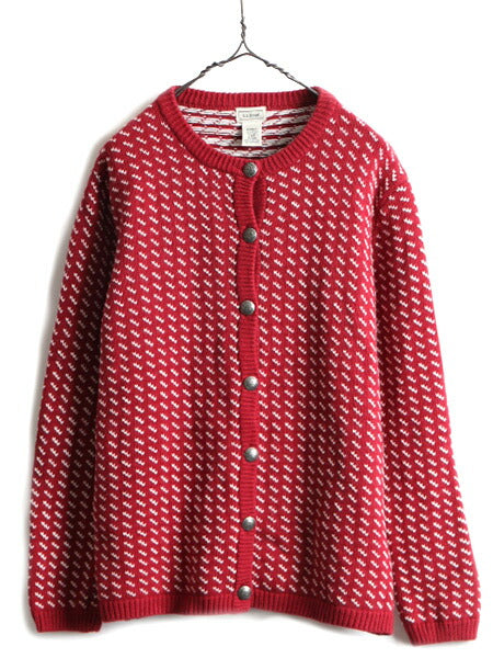 ■ エルエルビーン バーズアイ ニット カーディガン レディース L / 古着 LLBEAN LLビーン セーター コットン ウール ノルディック 前開き