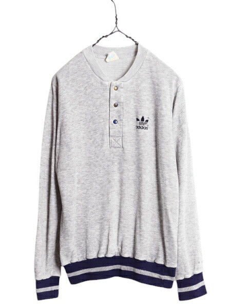 80s USA製 アディダス ヘンリーネック スウェット メンズ S レディース M ヴィンテージ adidas トレーナー トレフォイル プリント ツートン