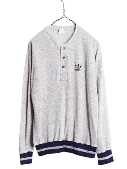 80s USA製 アディダス ヘンリーネック スウェット メンズ S レディース M ヴィンテージ adidas トレーナー トレフォイル プリント ツートン