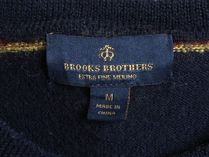 ブルックスブラザーズ ボーダー メリノ ウール ニット セーター メンズ M 古着 BROOKS BROTHERS クルーネック ワンポイント ロゴ刺繍 薄手
