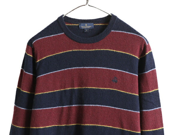 ブルックスブラザーズ ボーダー メリノ ウール ニット セーター メンズ M 古着 BROOKS BROTHERS クルーネック ワンポイント ロゴ刺繍 薄手