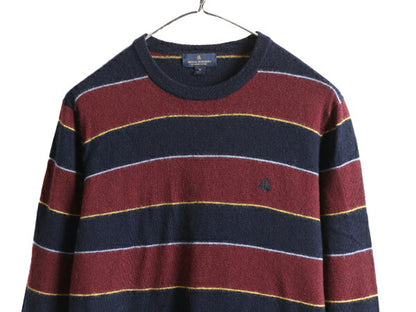 ブルックスブラザーズ ボーダー メリノ ウール ニット セーター メンズ M 古着 BROOKS BROTHERS クルーネック ワンポイント ロゴ刺繍 薄手