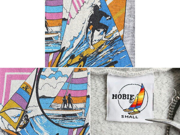 80s USA製 ホビー 3面 サーフ プリント フルジップ スウェット フード パーカー メンズ S 80年代 HOBIE ヴィンテージ 裏起毛 トレーナー 灰