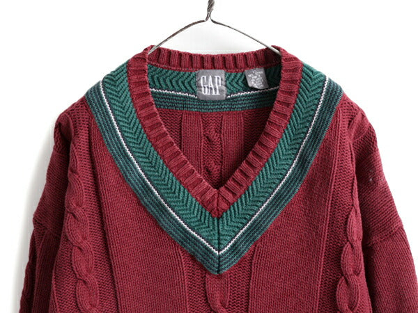 90s OLD GAP コットン チルデン ニット セーター メンズ XL 古着 90年代 オールド ギャップ Vネック ケーブル ヘビーウェイト 大きいサイズ