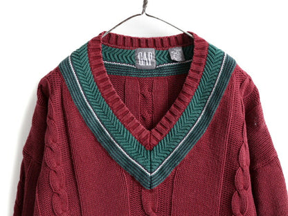 90s OLD GAP コットン チルデン ニット セーター メンズ XL 古着 90年代 オールド ギャップ Vネック ケーブル ヘビーウェイト 大きいサイズ