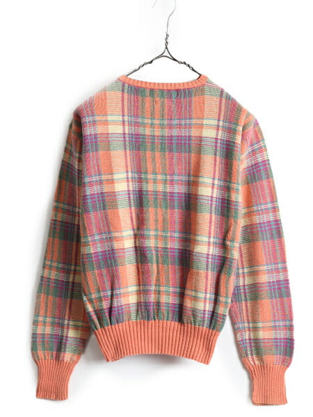 90s ポロ ラルフローレン チェック コットン ニット セーター ボーイズ L メンズ S 程 古着 90年代 オールド POLO ポニー無し グリーンタグ