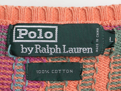 90s ポロ ラルフローレン チェック コットン ニット セーター ボーイズ L メンズ S 程 古着 90年代 オールド POLO ポニー無し グリーンタグ
