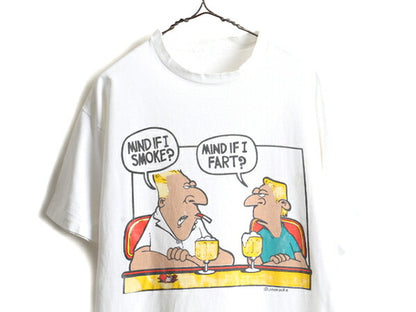 90s ■ キャラクター ジョーク プリント 半袖 Tシャツ ( メンズ L ) 古着 オールド 90年代 シングルステッチ プリントTシャツ アート 白