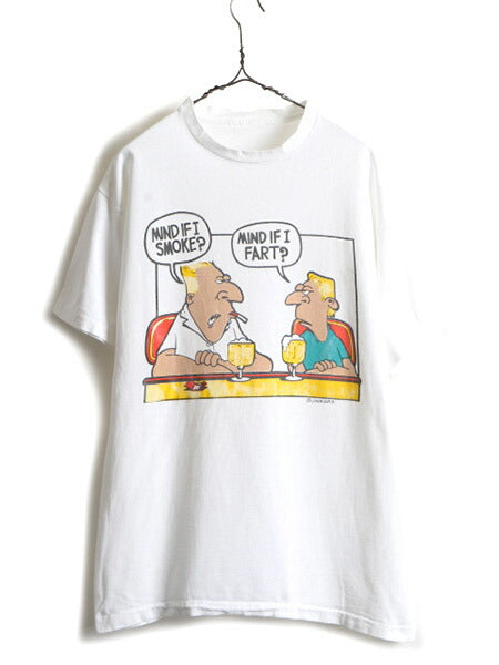 90s ■ キャラクター ジョーク プリント 半袖 Tシャツ ( メンズ L ) 古着 オールド 90年代 シングルステッチ プリントTシャツ アート 白