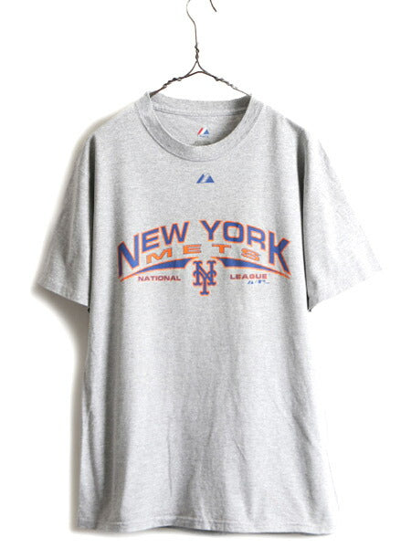 ■ MLB オフィシャル Majestic ニューヨーク メッツ プリント 半袖 Tシャツ ( メンズ M ) 古着 プリントTシャツ ロゴT メジャーリーグ 灰